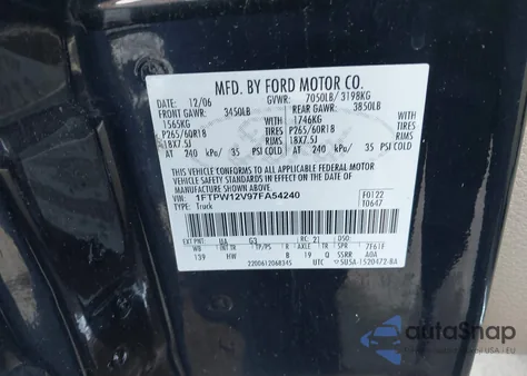 2007 Ford F-150 Lariat/Xlt from USA, damaged, VIN 1FTPW12V97FA54240